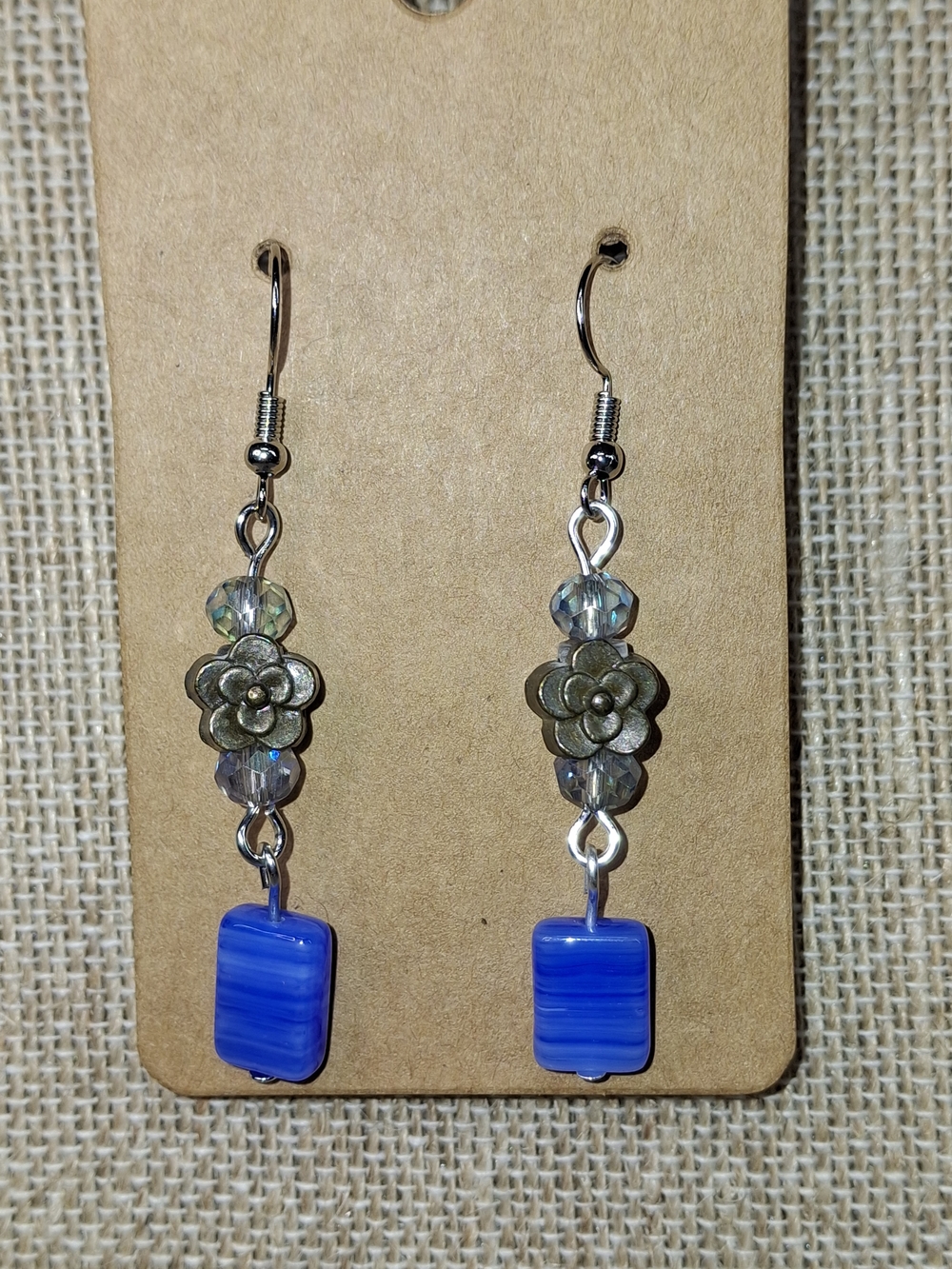 Handcrafted Blue Floral Drop Earrings with Iridescent Beads